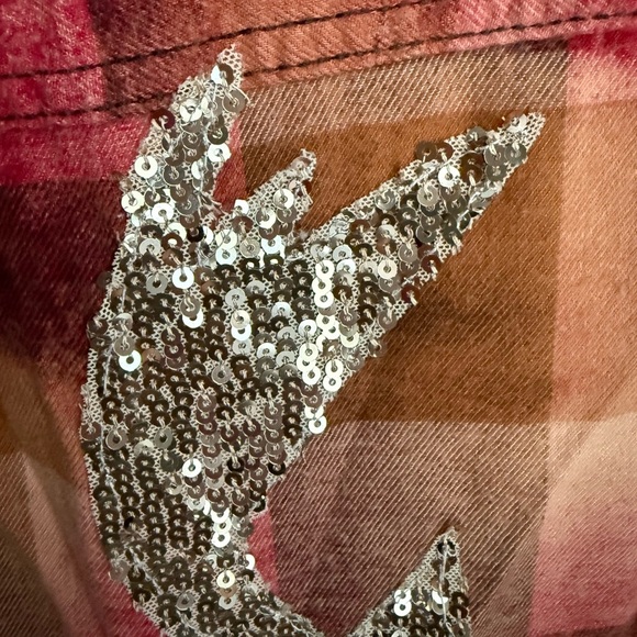 Blleached Red Plaid Button-Up Flannel with Sequin Reindeer, Size 2X - Picture 2 of 13